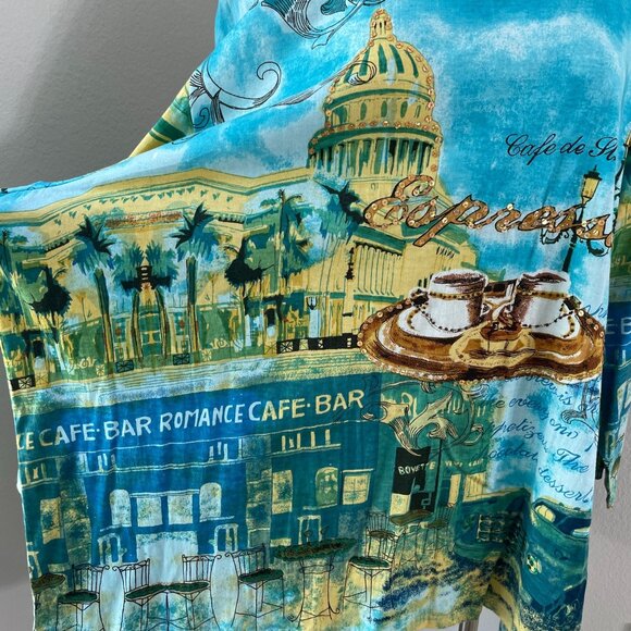 NEW Liz & Me Womens Plus 5X Cafe Scene Print Cotton Tunic Top Turquoise Shirt - Picture 6 of 11